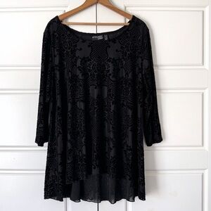 Attitudes Floral Burnout Velvet Tunic Top 1X Black Whimsigoth Sheer 3/4 Sleeves